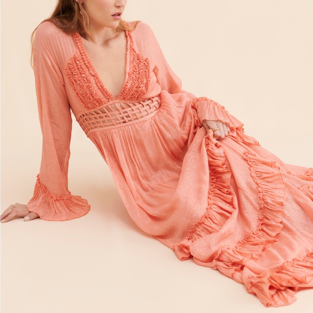 Free People Coral Pink Maxi Dress with Ruffle Tiers - Picture 2 of 4